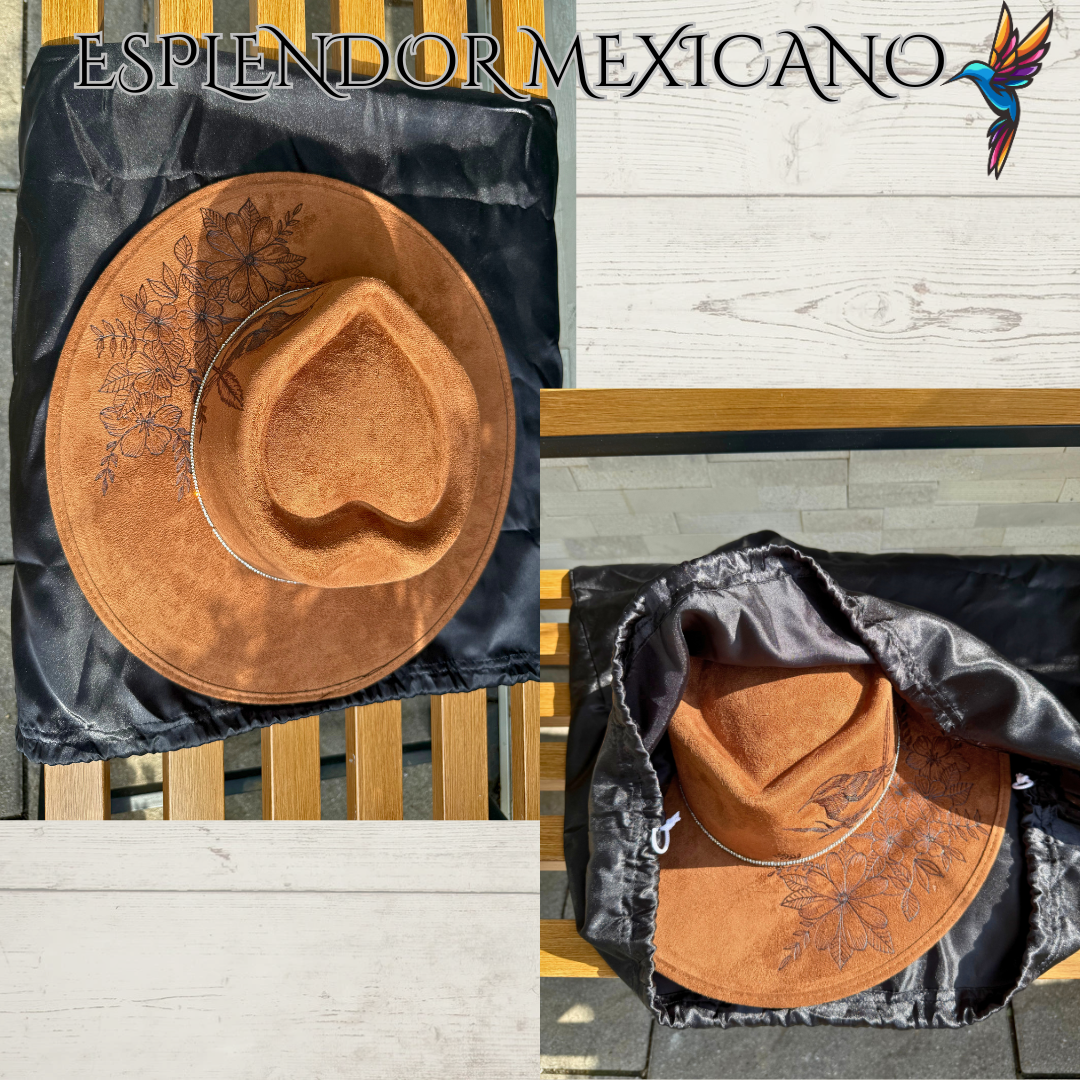 🤎 Hand-Burned Suede Cowgirl Hat – Bird & Floral Design