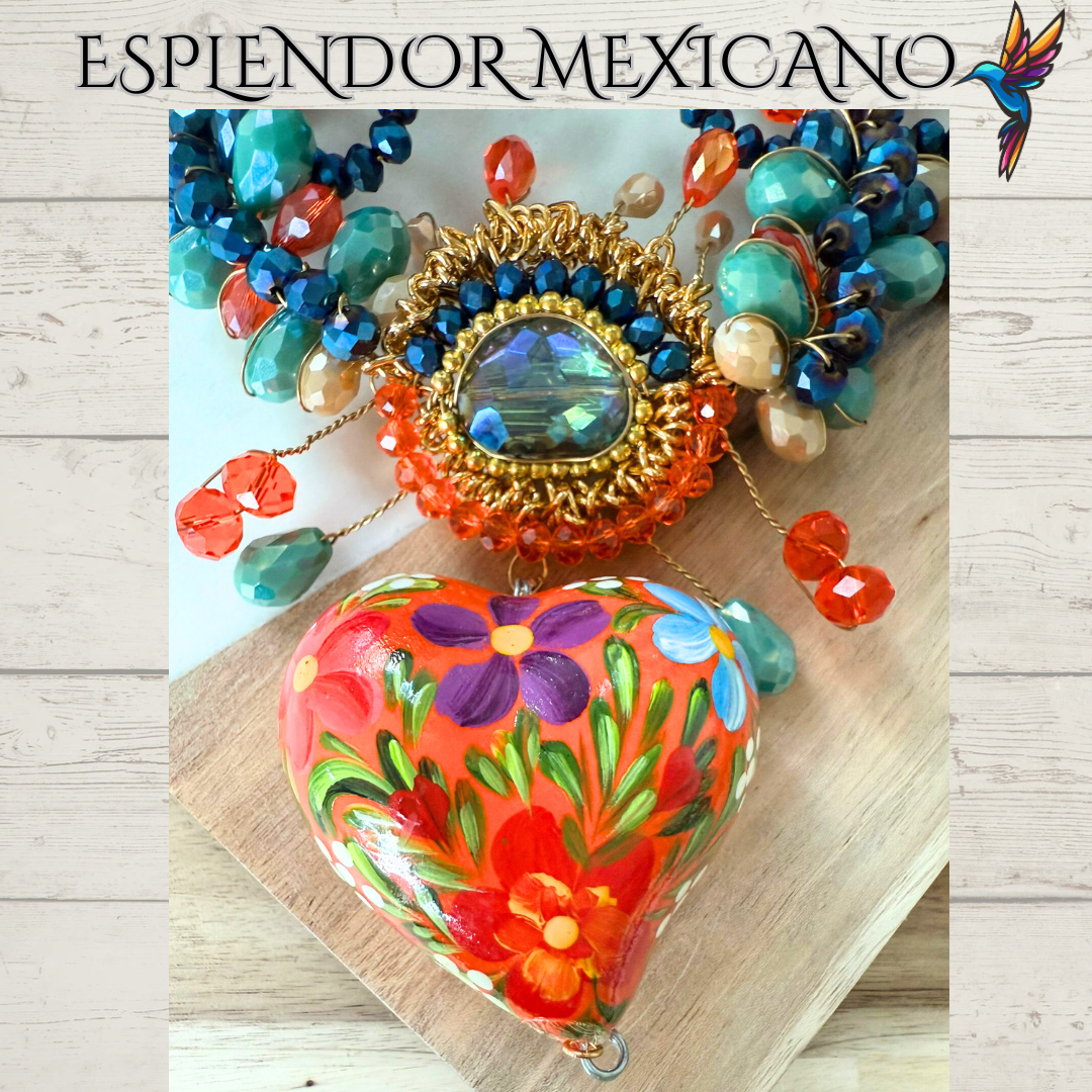 🧡💙 Floral Heart Necklace Set – Handmade in Mexico