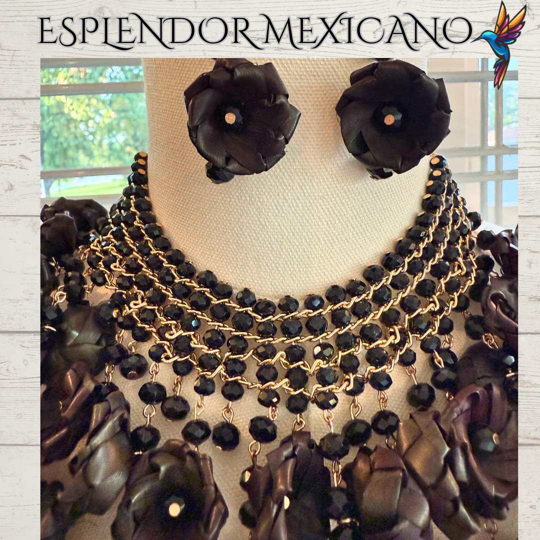 🖤 Natural Palm Statement Necklace Set – Handmade with Glass Beads
