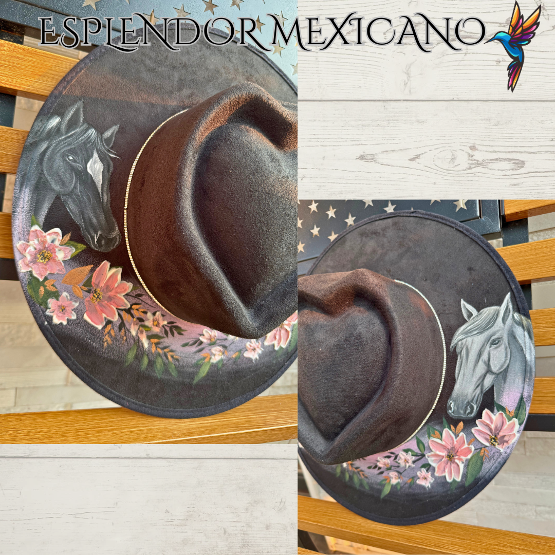 🖤 Heart-Shaped Suede Cowgirl Hat – Hand-Painted Horses & 3D Flowers