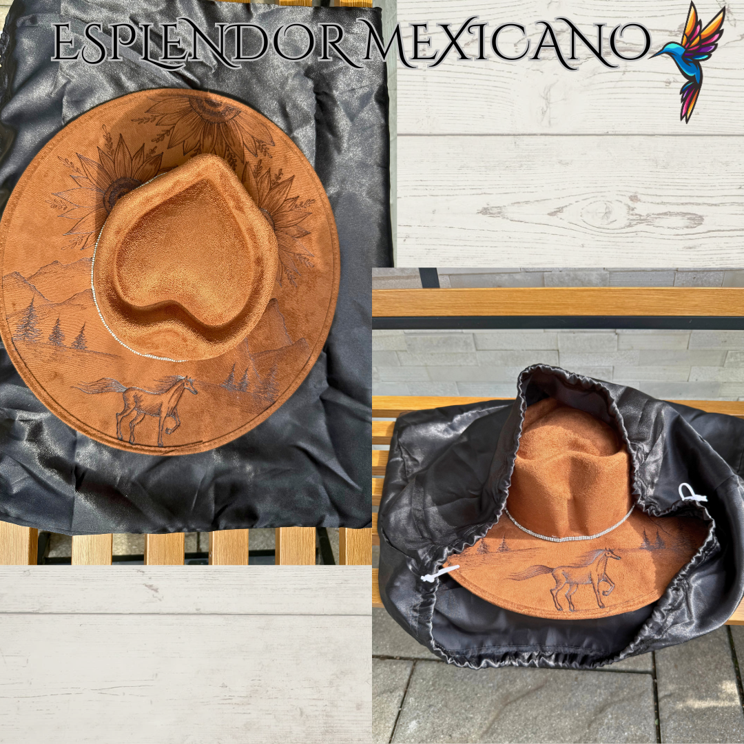🤎 Hand-Burned Suede Cowgirl Hat – Horse, Flowers & Mountains