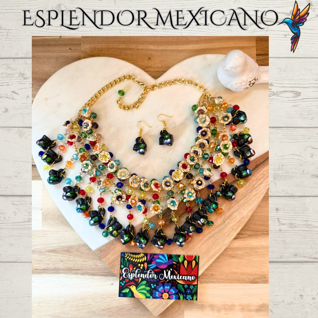 🌸 Fiesta Dreams Statement Necklace Set – Hand-Painted Jarritos, Palm & Beads
