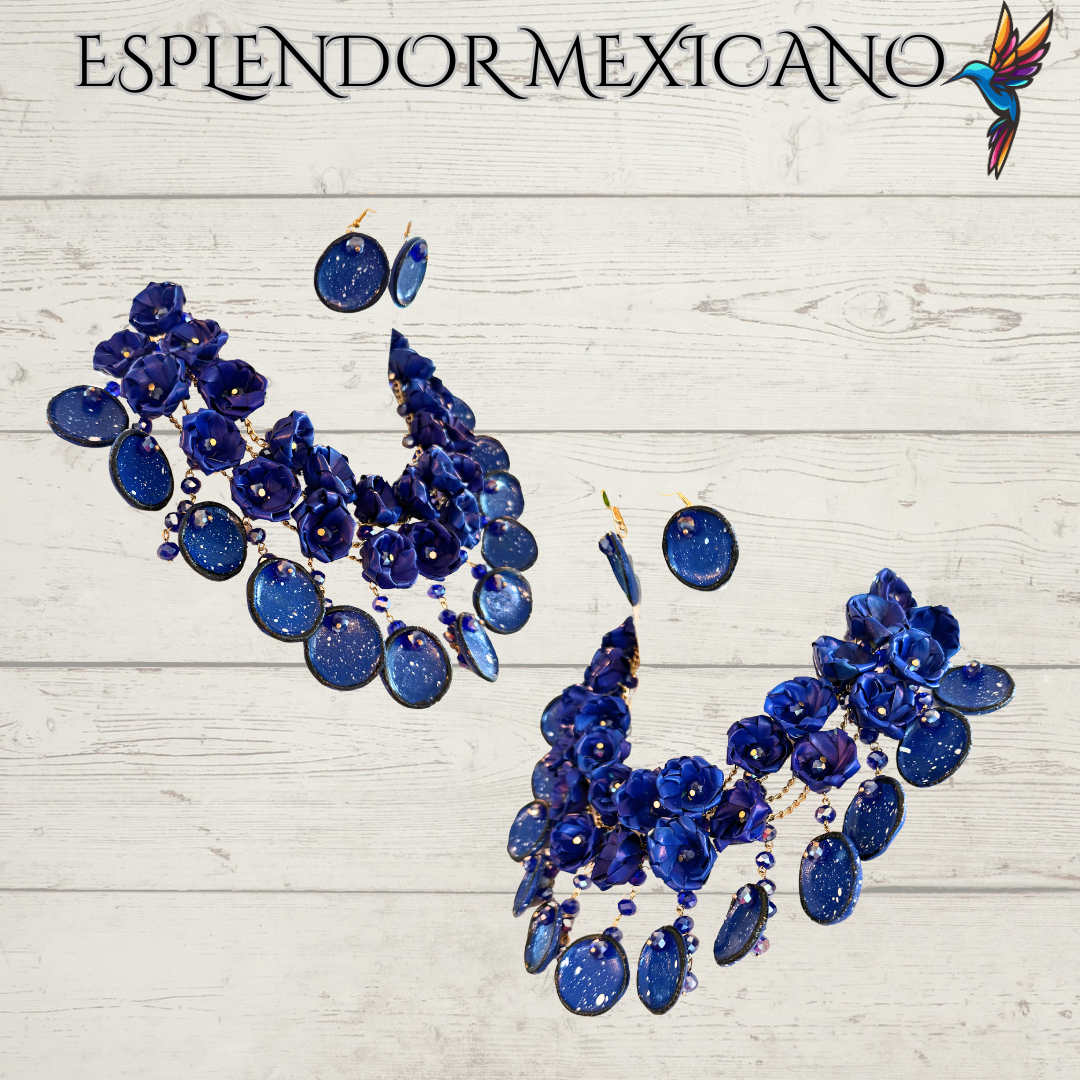 💎💙 Bold Blue Heritage Necklace Set – Mexican Talavera & Palm Craft