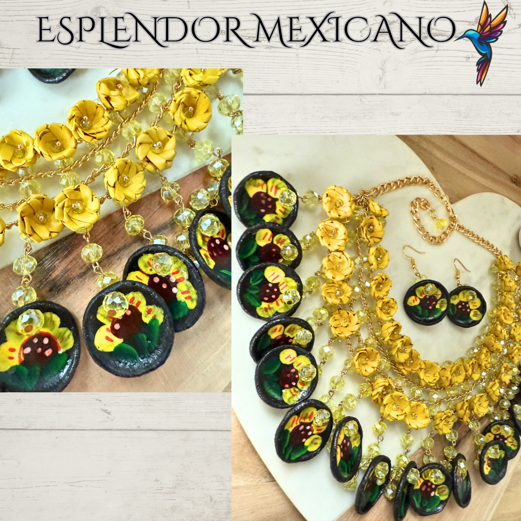 🌸 Fiesta Dreams Statement Necklace Set – Hand-Painted Talavera & Palm