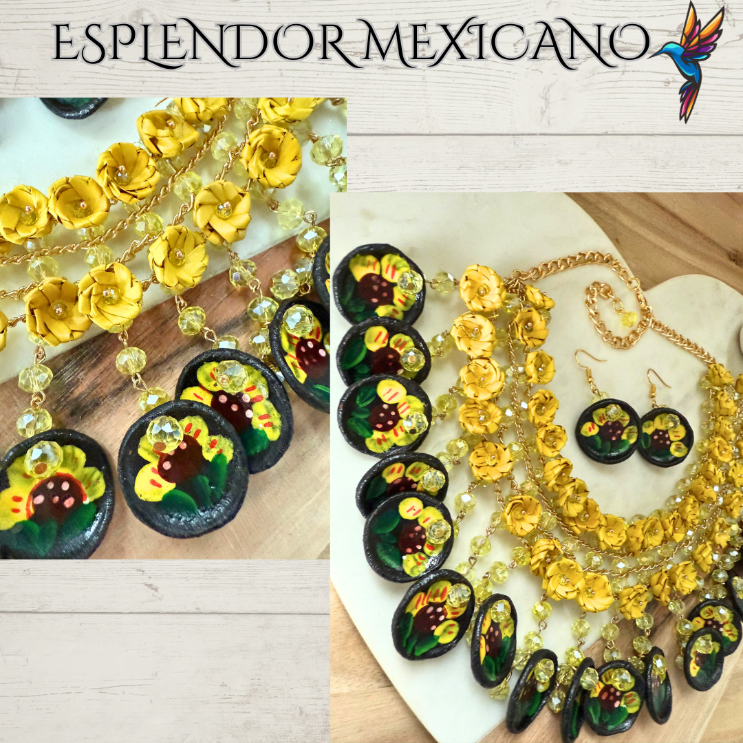 🌸 Fiesta Dreams Statement Necklace Set – Hand-Painted Talavera & Palm