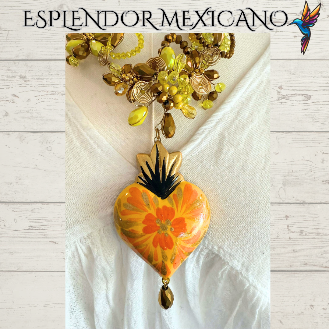 🧡💛 Floral Heart Necklace Set – Hand-Painted Ceramic & Beads | Handmade in Mexico
