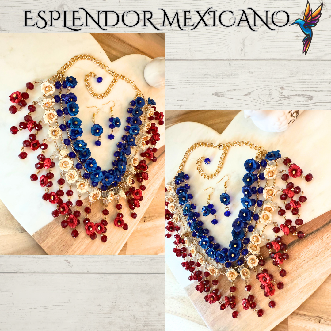 ❤️🤍💙 Natural Palm Statement Necklace Set – Handmade with Glass Beads