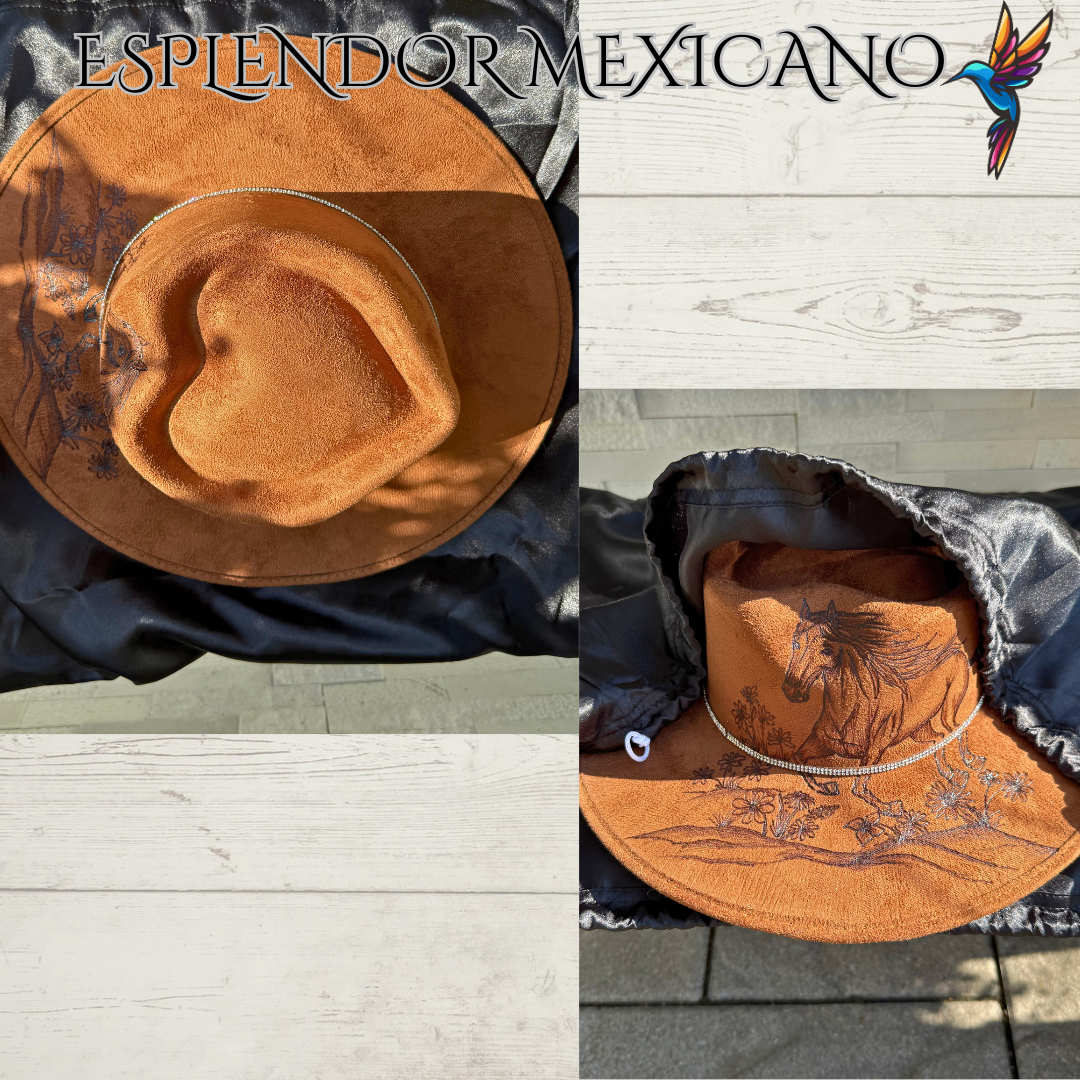 🤎 Hand-Burned Horse & Mountain Cowgirl Hat – Suede Heart Shape
