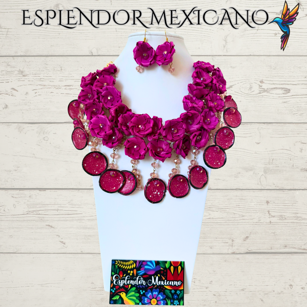 🌸 Fiesta Dreams Statement Necklace Set – Hand-Painted Talavera & Palm