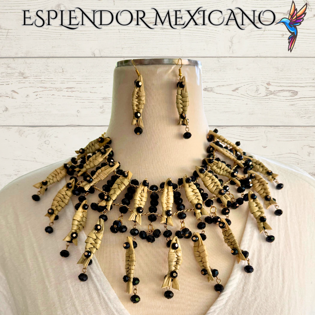 Mexican Artisanal Palm Fish Necklace Jewelry Set with Glass Beads