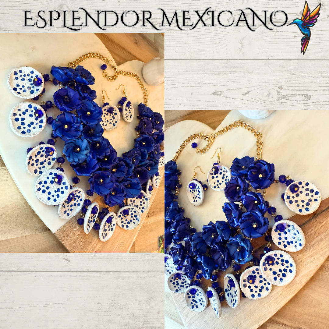 💙🤍 Fiesta Dreams Statement Necklace Set – Talavera Clay, Palm & Glass Beads
