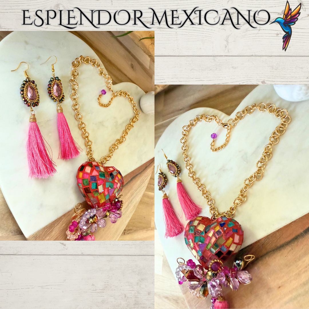 🩷 Multi-Color Heart Necklace Set – Handmade Clay & Glass