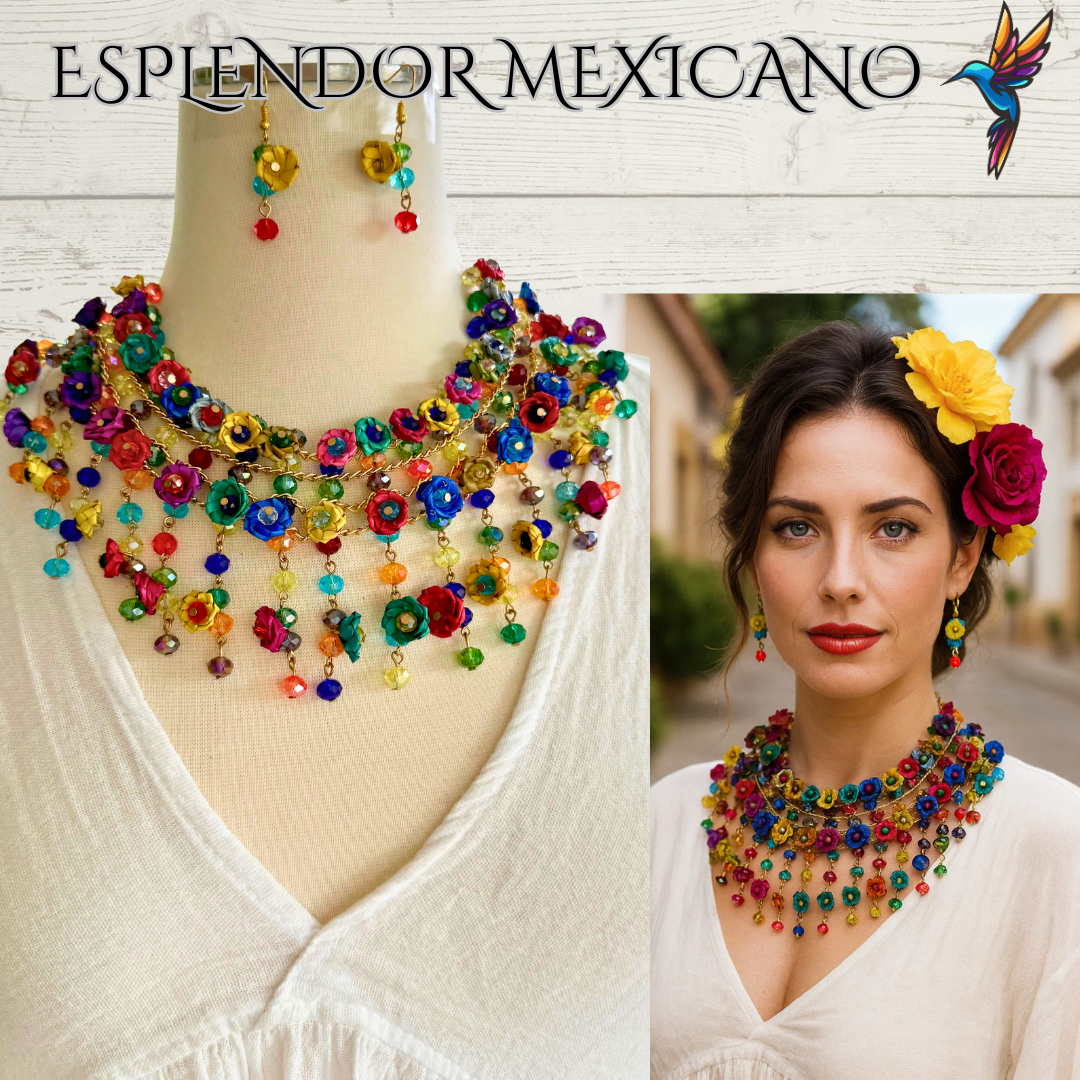 Mexican Artisanal Palm Flower Necklace Jewelry Set with Glass Beads