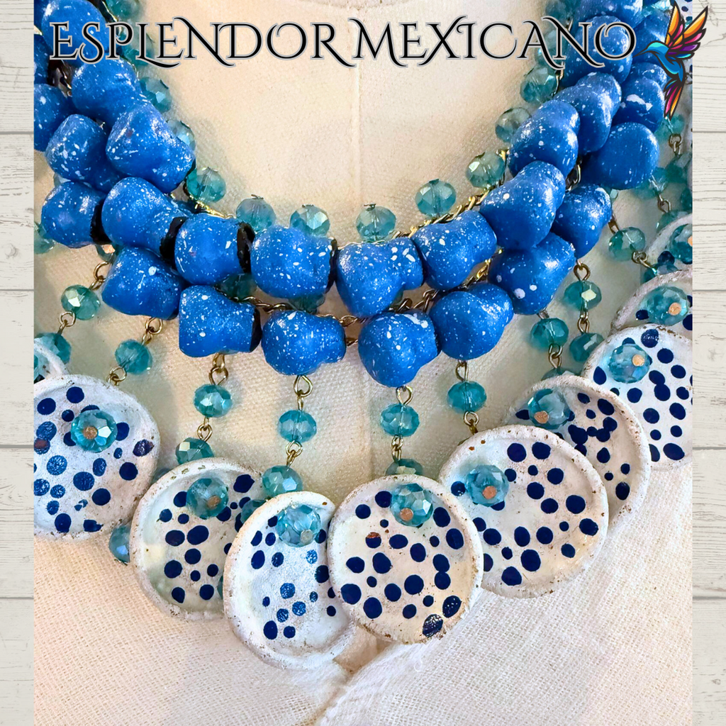 💙🩵 Fiesta Dreams Statement Necklace Set – Talavera Clay Jarritos, Platitos & Glass Beads