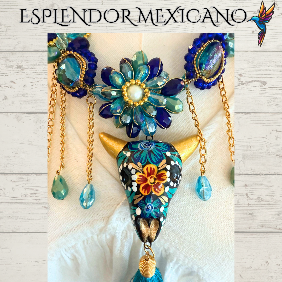 💙🩵💚 Teal & Blue Skull Necklace Set – Handmade in Mexico
