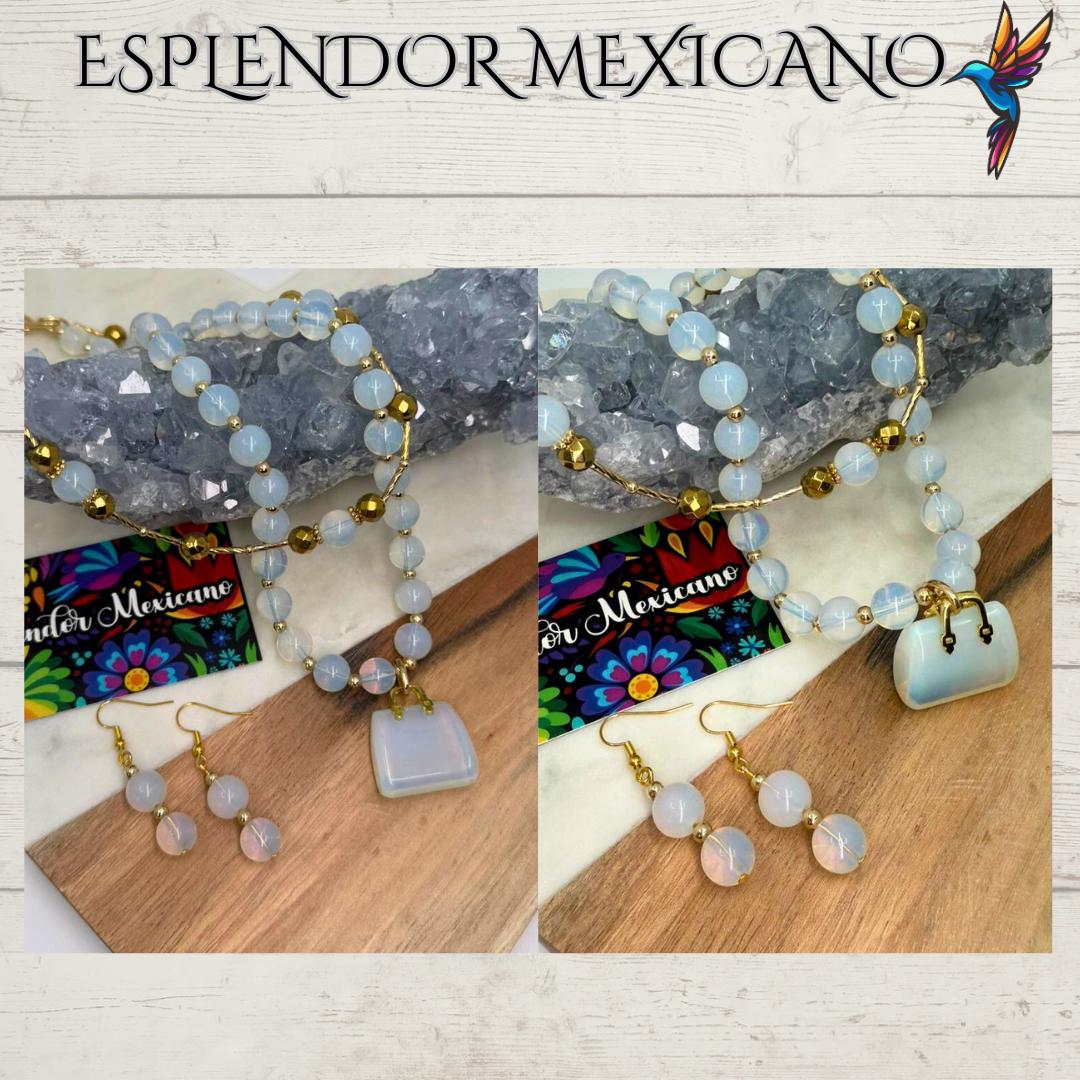 Mexican handmade Moonstone Necklace Set/Natural Stone Healing Crystal Spiritual Protection Gift/ Beaded Stone Necklace /Health benefit stone