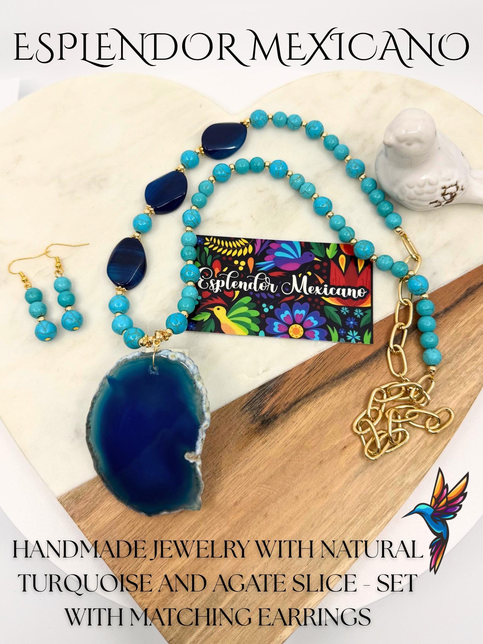 Mexican handmade Turquoise and Agate Slice Necklace / Natural Stone Healing Crystal Spiritual Protection Gift / Amazonite Balancing Necklace