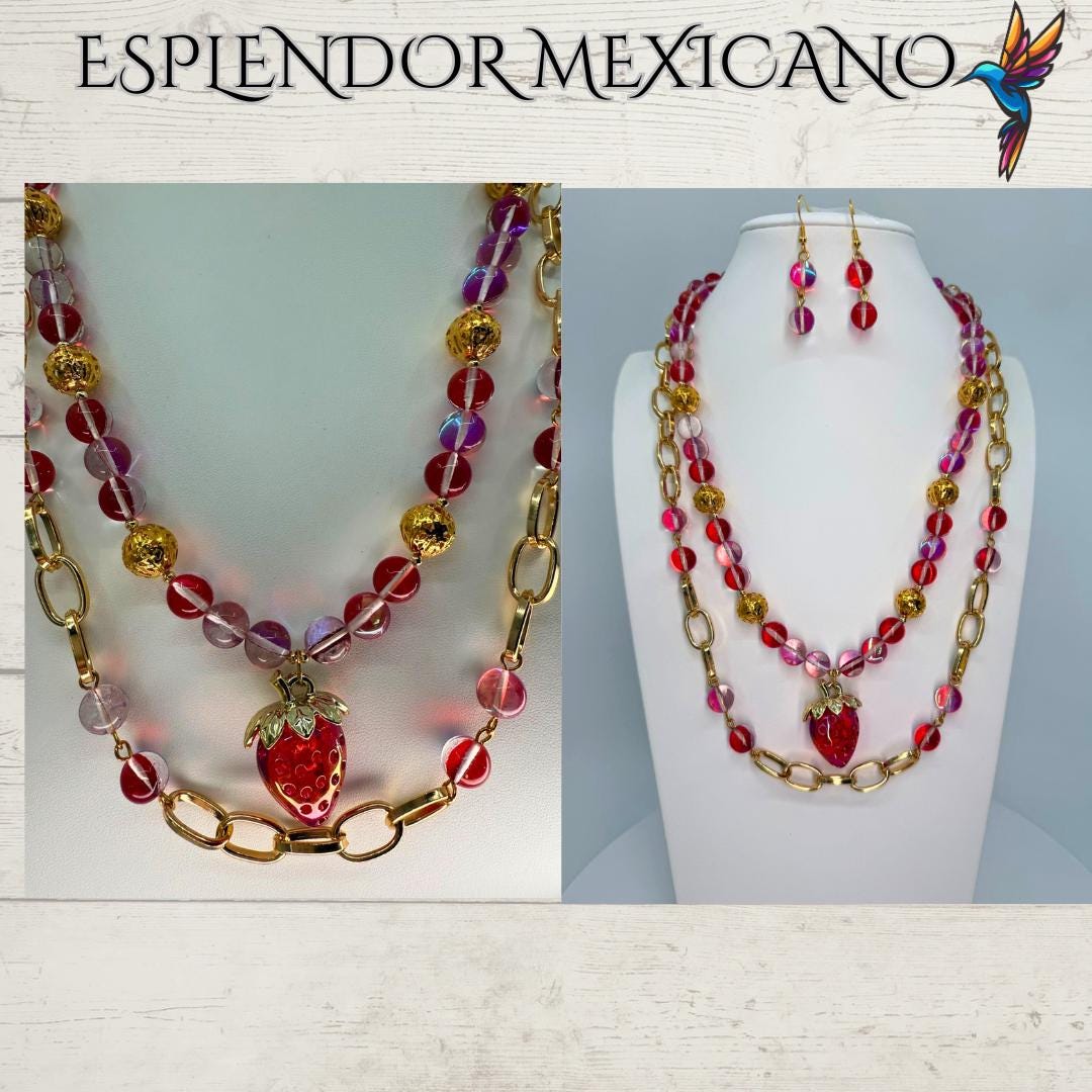 Mexican handmade Strawberry Electrified Quartz Necklace / Natural Stone Healing Crystal Spiritual Protection Gift  / Beaded Stone Necklace