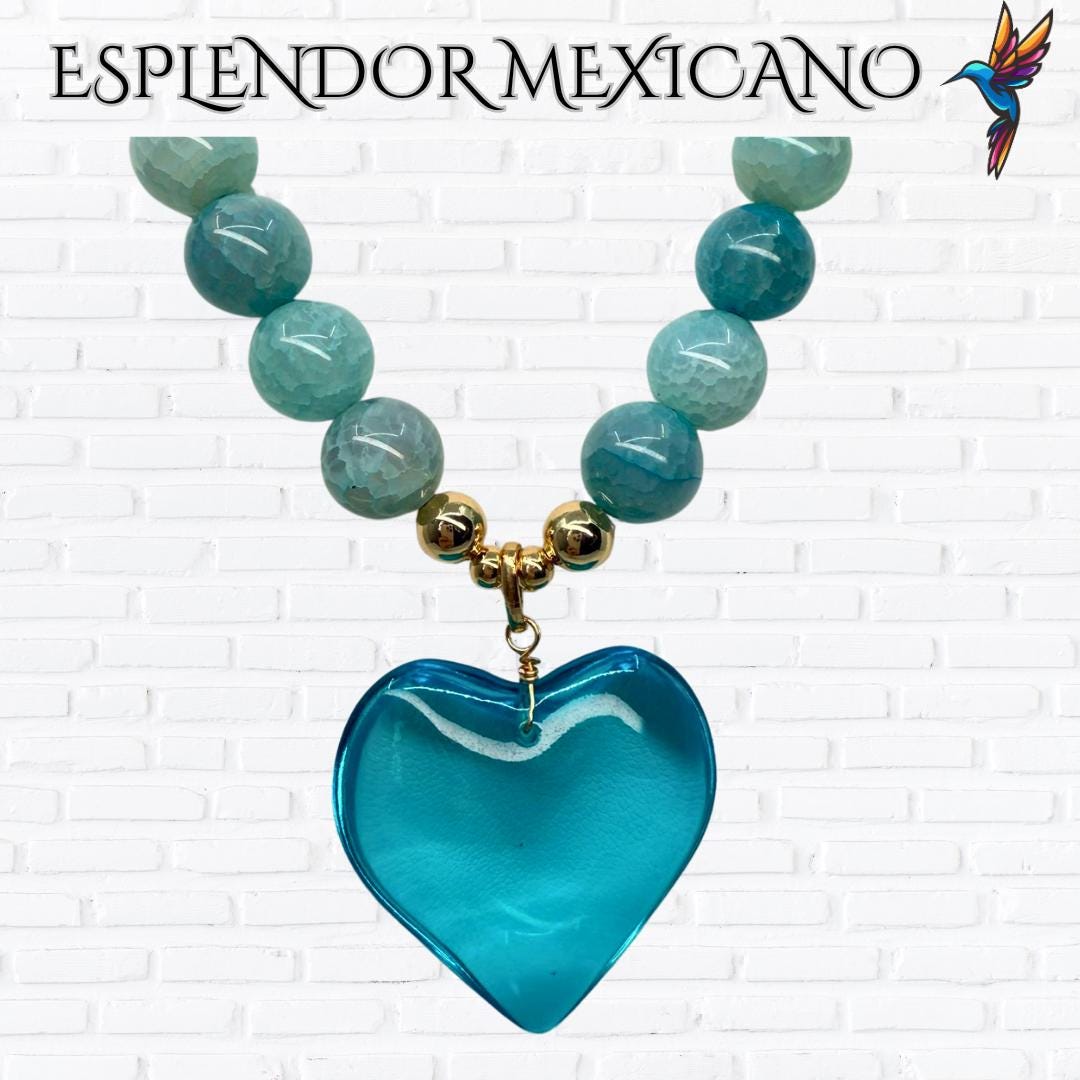 Mexican handmade Blue Agate Heart Necklace / Natural Stone Healing Crystal Spiritual Protection Gift / Glass heart / Beaded Stone Necklace