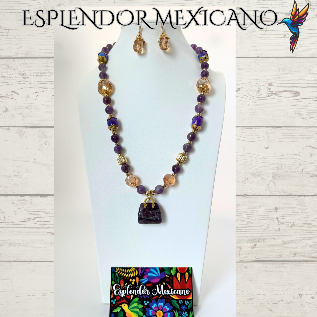 💜 Amethyst & Agate Purse Charm Necklace – Handmade in Mexico
