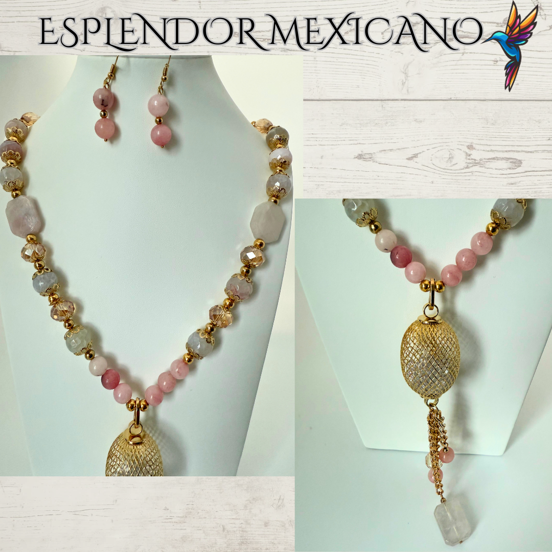 Mexican handmade Rose Pink Quartz Necklace Set/Natural Stone Healing Crystal Spiritual Protection Gift/Glass Charm Pendant/ Stone Necklace