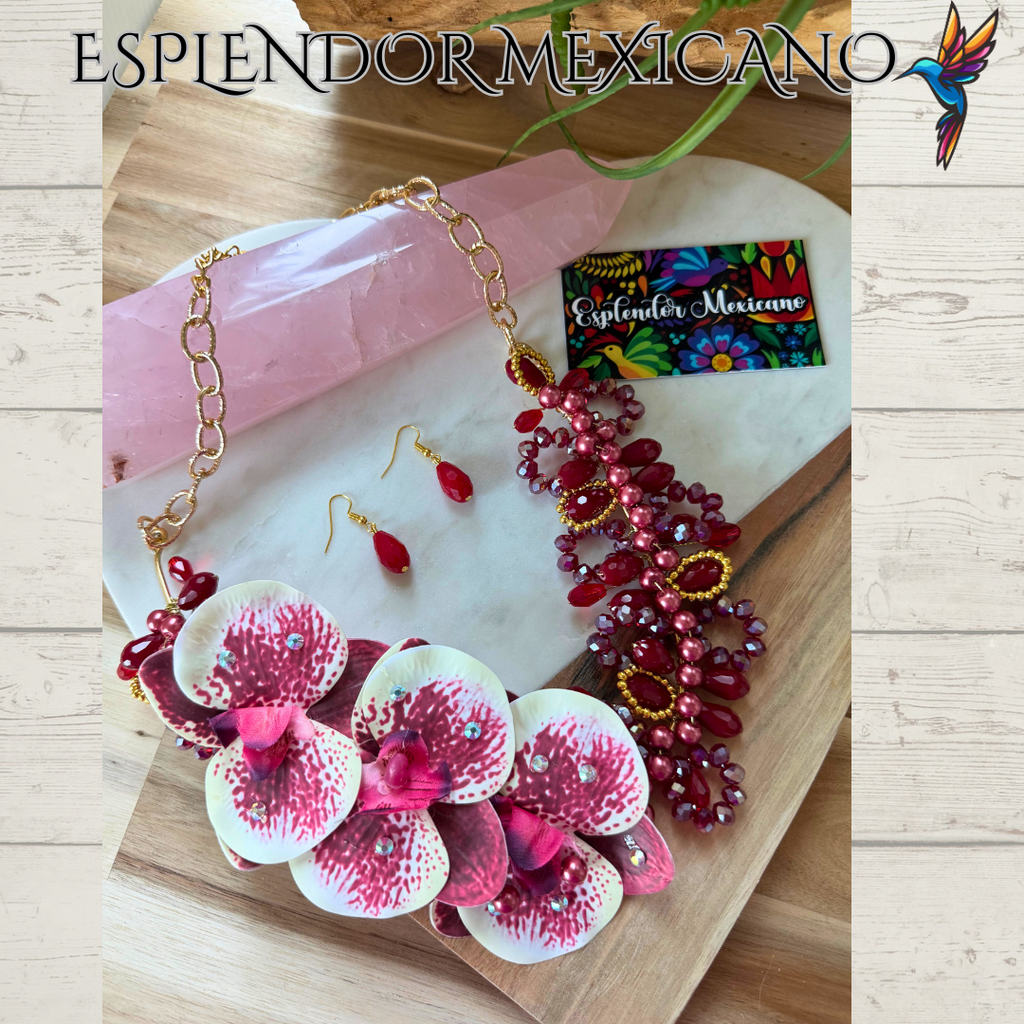 🌸 Bold Orchid Necklace Set – Handmade in Mexico