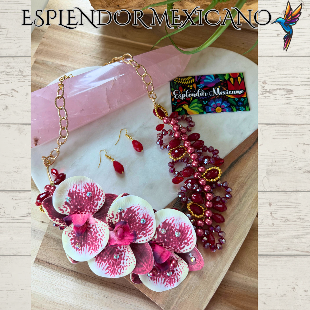 🌸 Bold Orchid Necklace Set – Handmade in Mexico