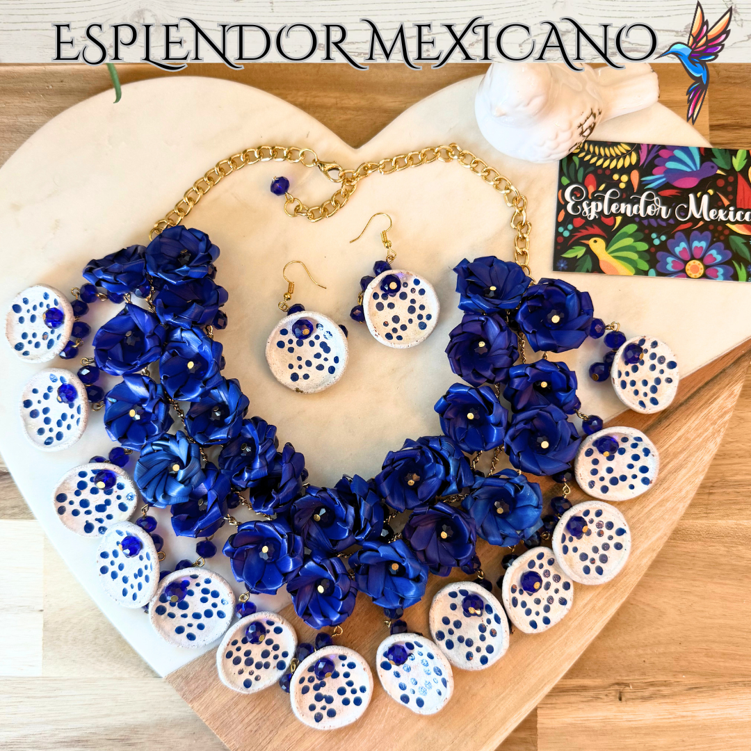 💙🤍 Fiesta Dreams Statement Necklace Set – Talavera Clay, Palm & Glass Beads