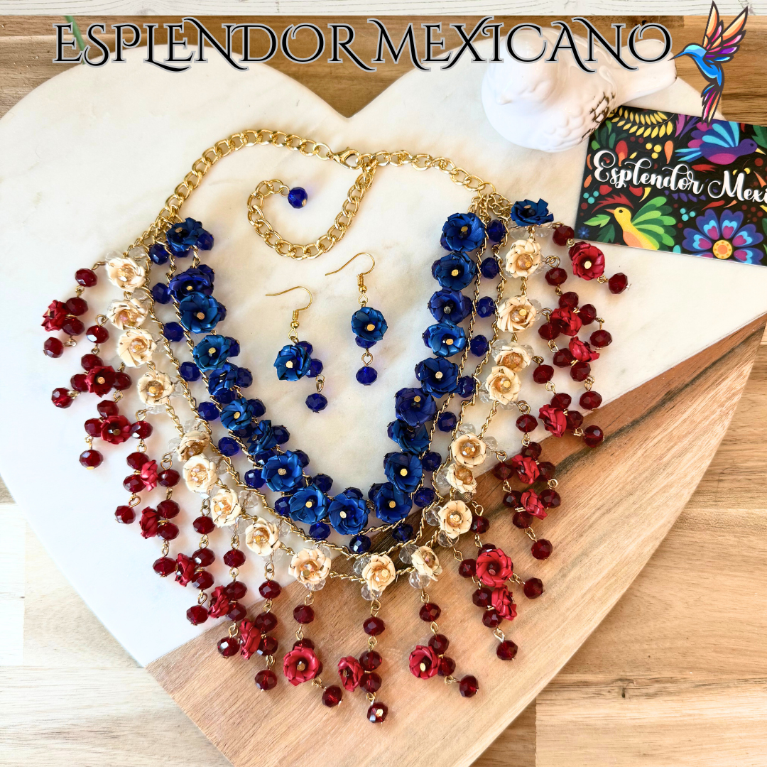 ❤️🤍💙 Natural Palm Statement Necklace Set – Handmade with Glass Beads