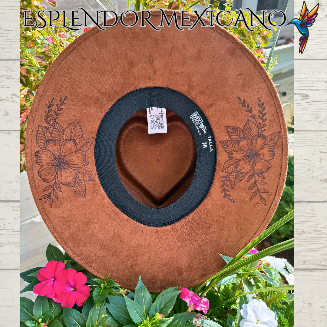 🤎 Hand-Burned Suede Cowgirl Hat – Bird & Floral Design