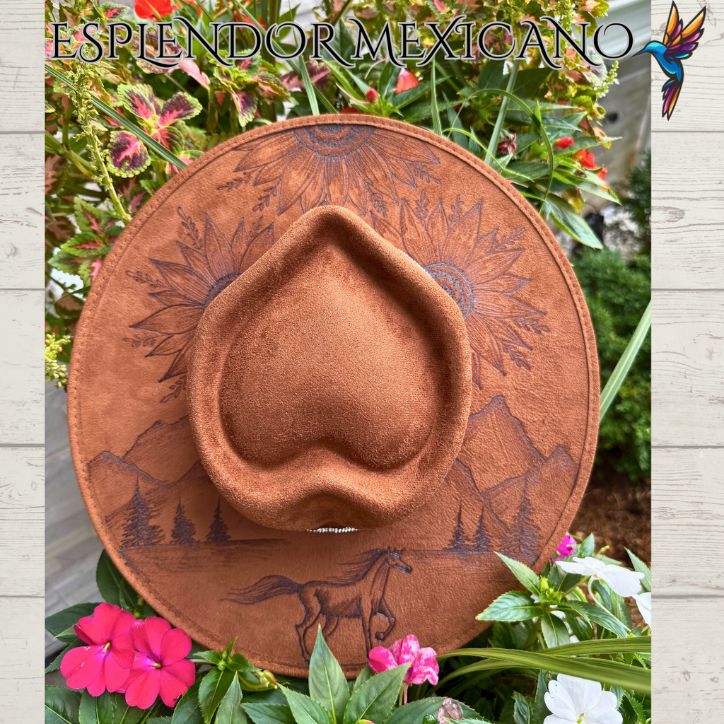 🤎 Hand-Burned Suede Cowgirl Hat – Horse, Flowers & Mountains
