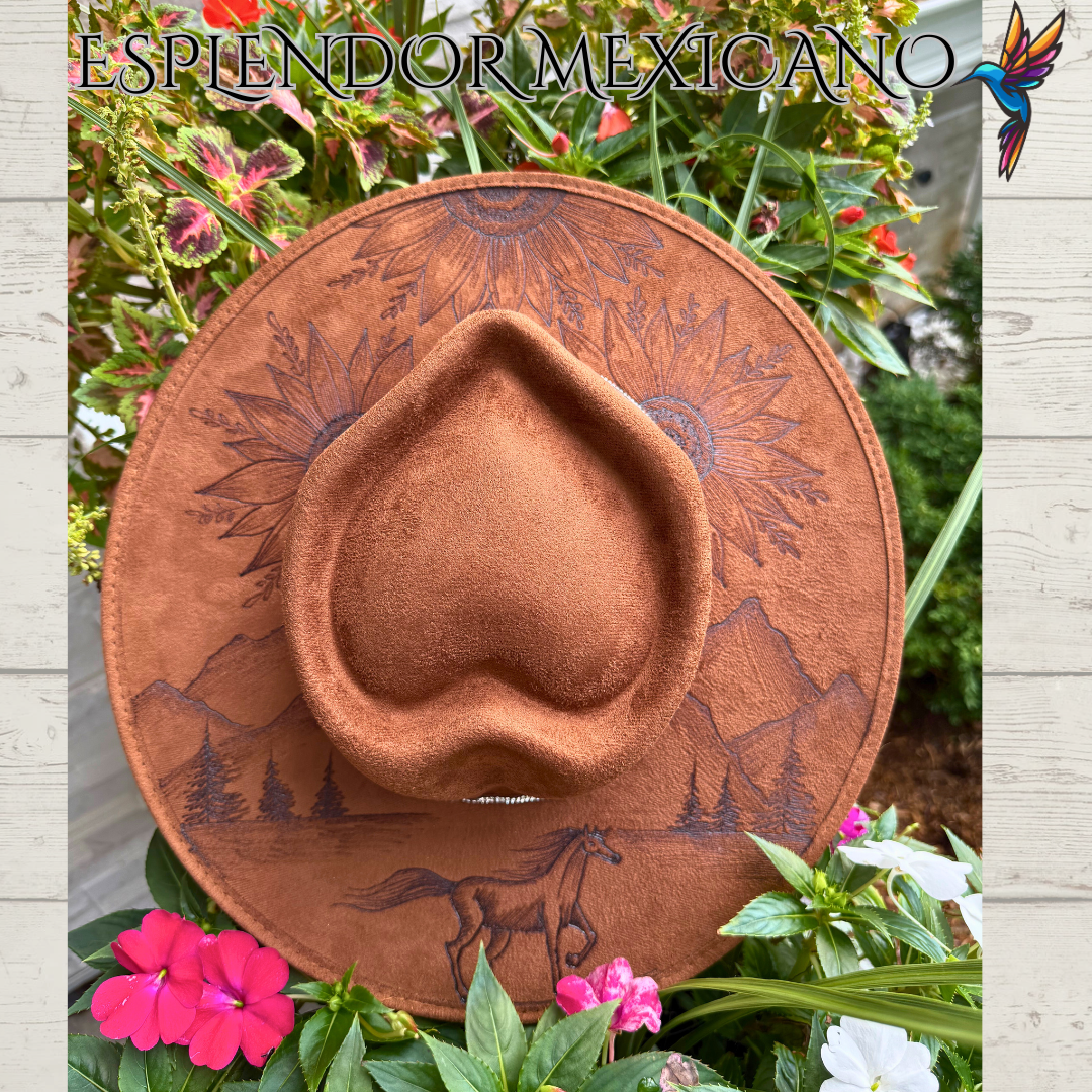🤎 Hand-Burned Suede Cowgirl Hat – Horse, Flowers & Mountains