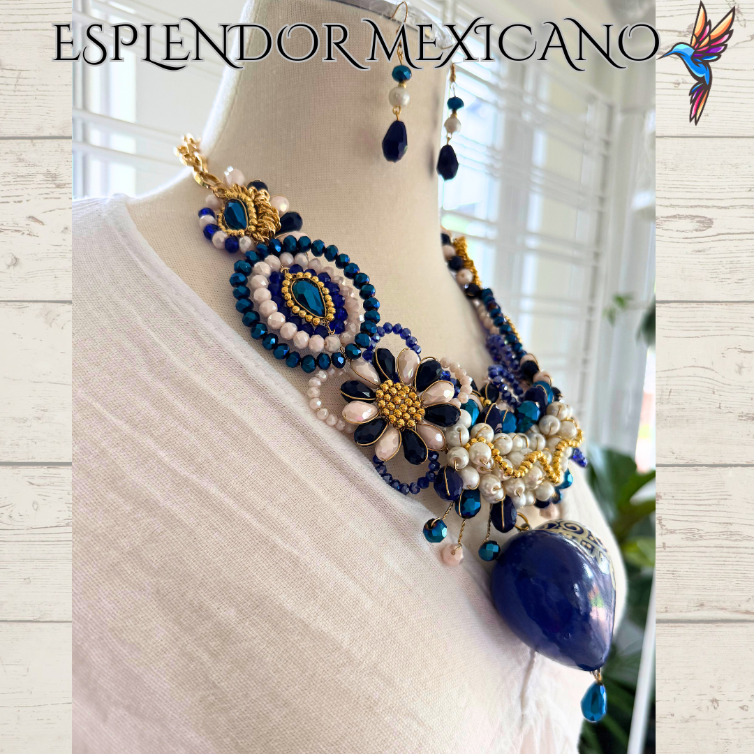 Mexican handmade Beaded Necklace Set with Hand Painted Ceramic Heart