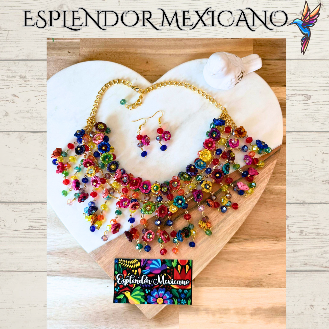 💙🩷💚 Palm Statement Necklace Set – Handmade in Mexico