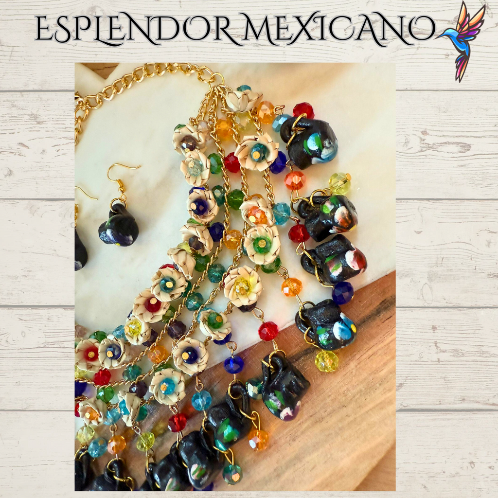 🌸 Fiesta Dreams Statement Necklace Set – Hand-Painted Jarritos, Palm & Beads