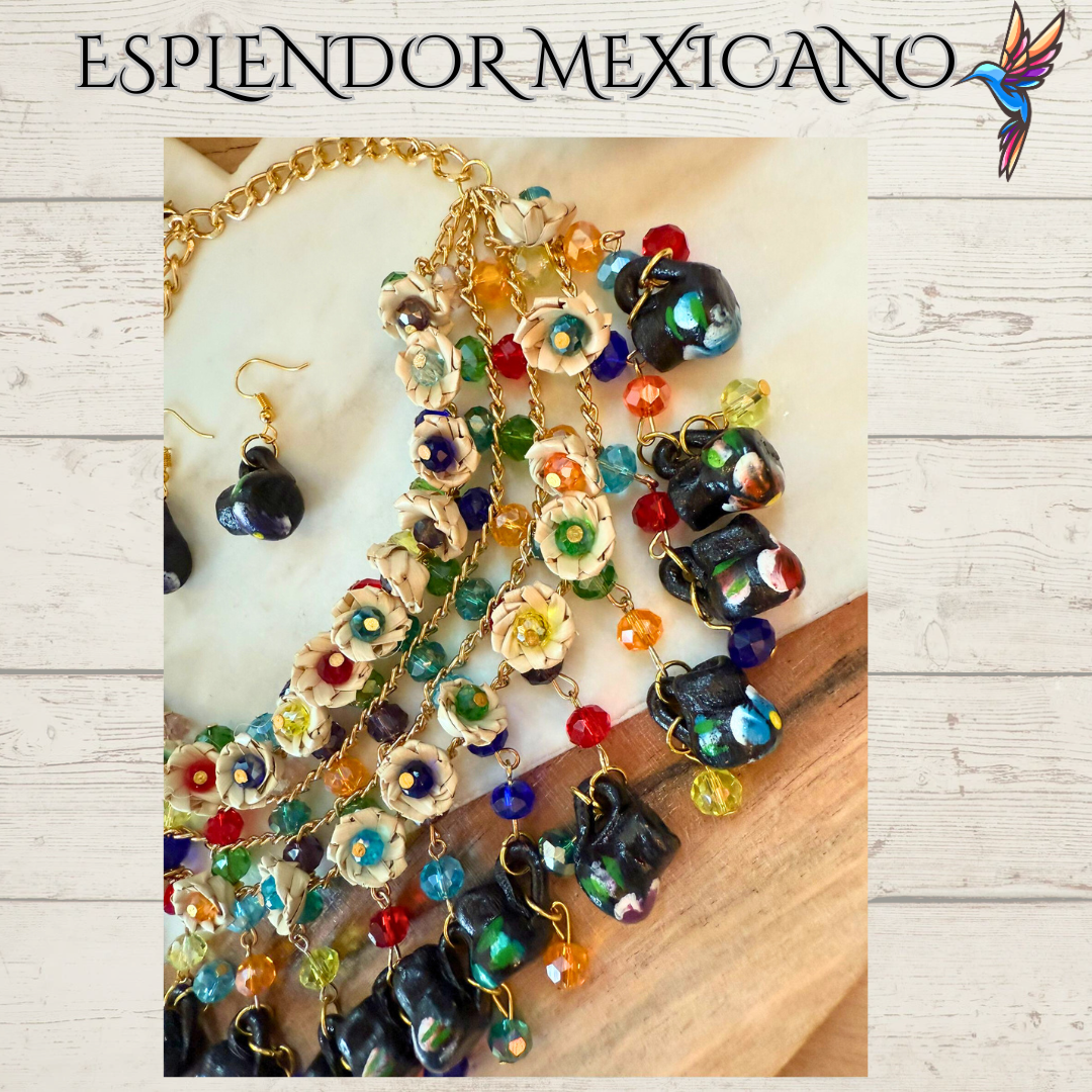 🌸 Fiesta Dreams Statement Necklace Set – Hand-Painted Jarritos, Palm & Beads