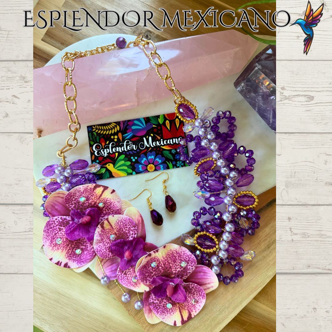 🌸 Orchid Statement Necklace Set – Handmade in Mexico