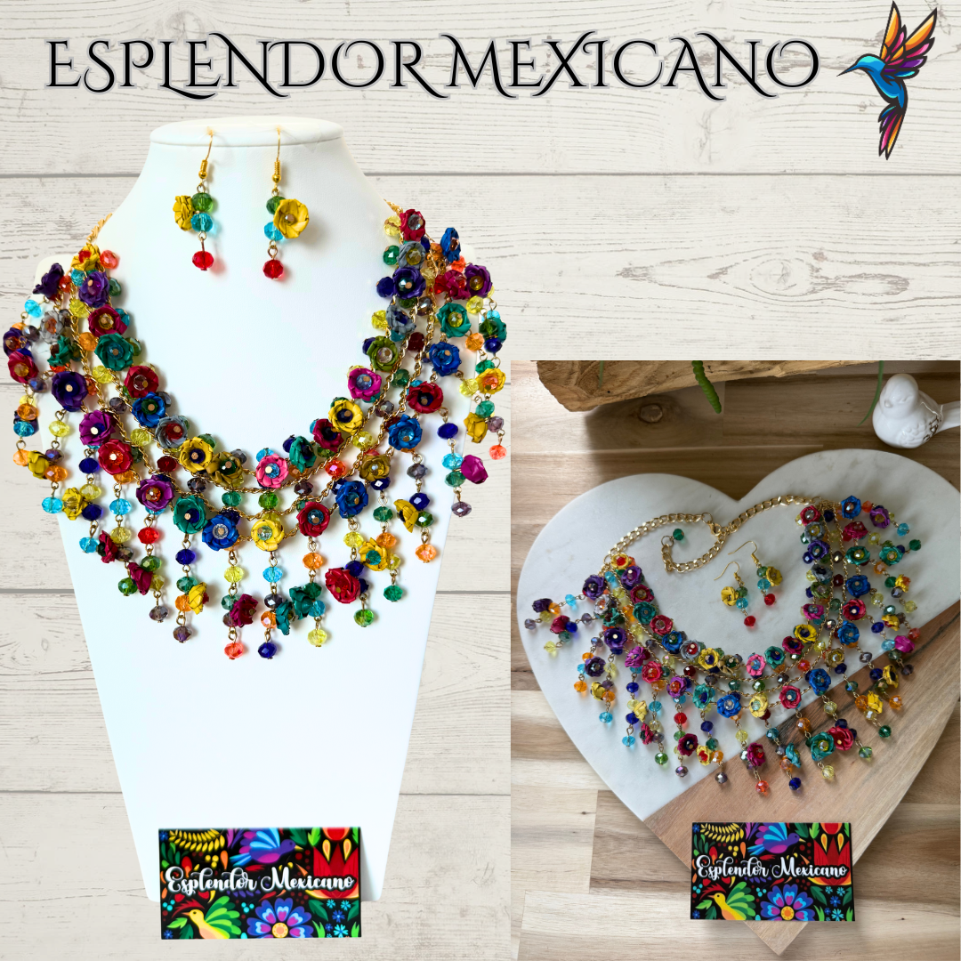 Mexican Artisanal Palm Flower Necklace Jewelry Set with Glass Beads