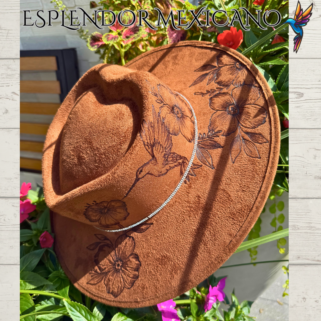 🤎 Hand-Burned Suede Cowgirl Hat – Hummingbird & Floral Design