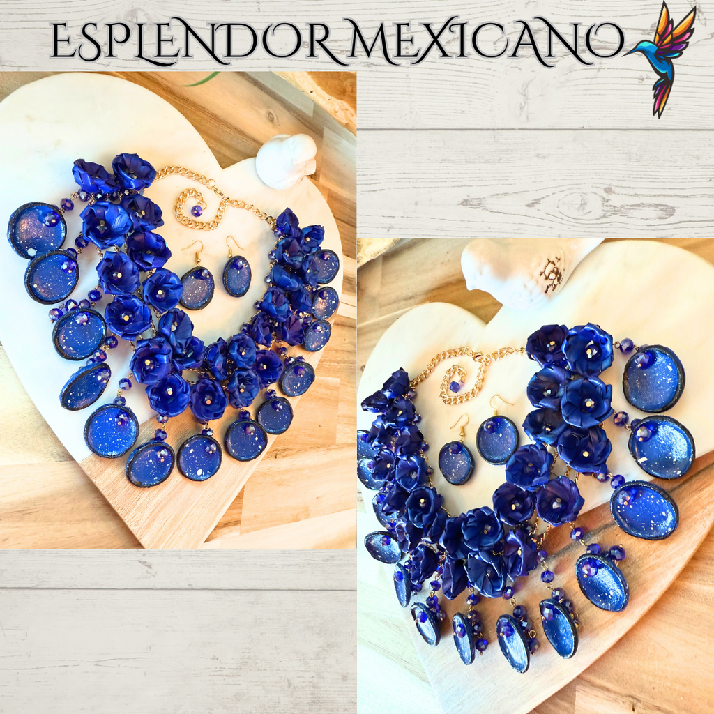 💎💙 Bold Blue Heritage Necklace Set – Mexican Talavera & Palm Craft