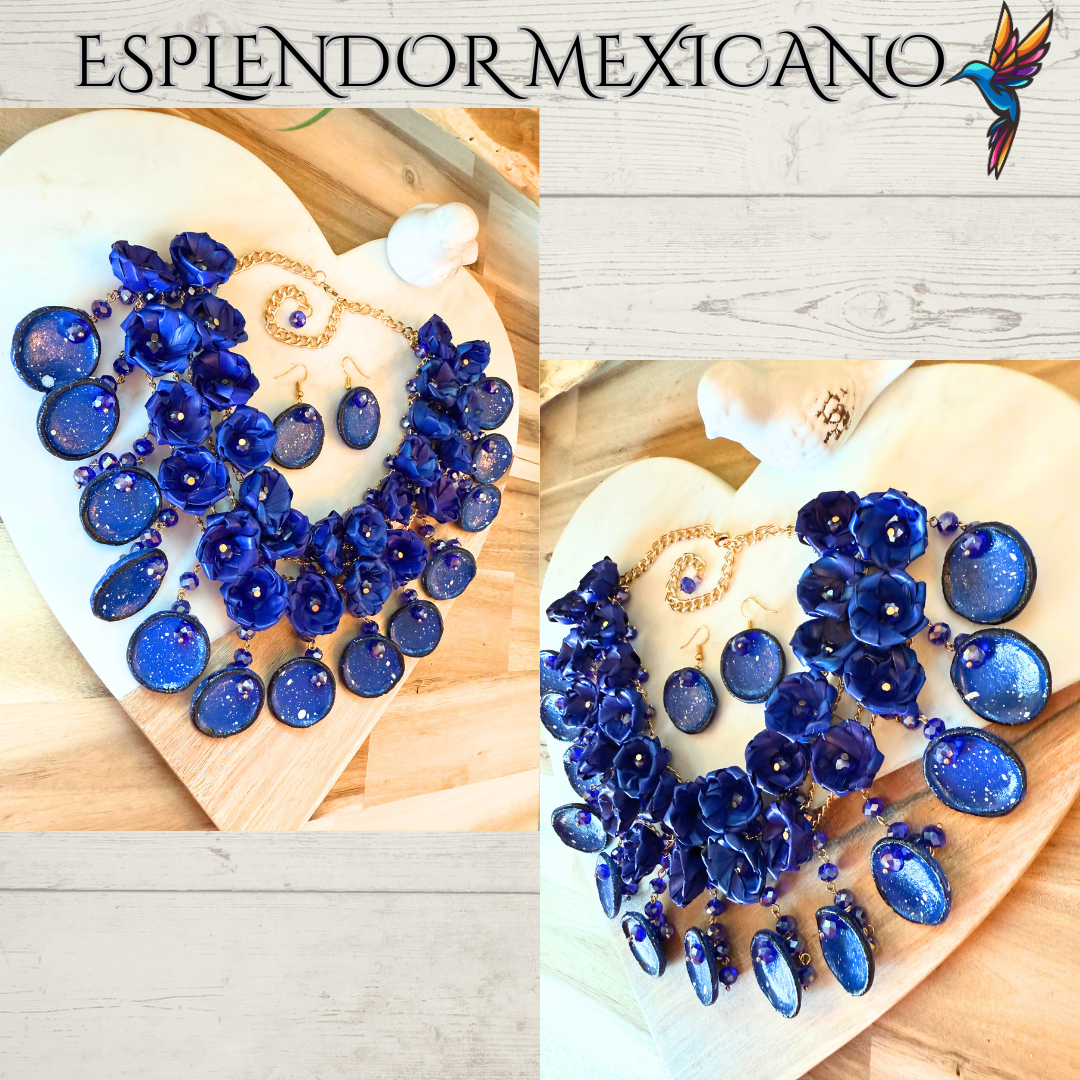 💎💙 Bold Blue Heritage Necklace Set – Mexican Talavera & Palm Craft