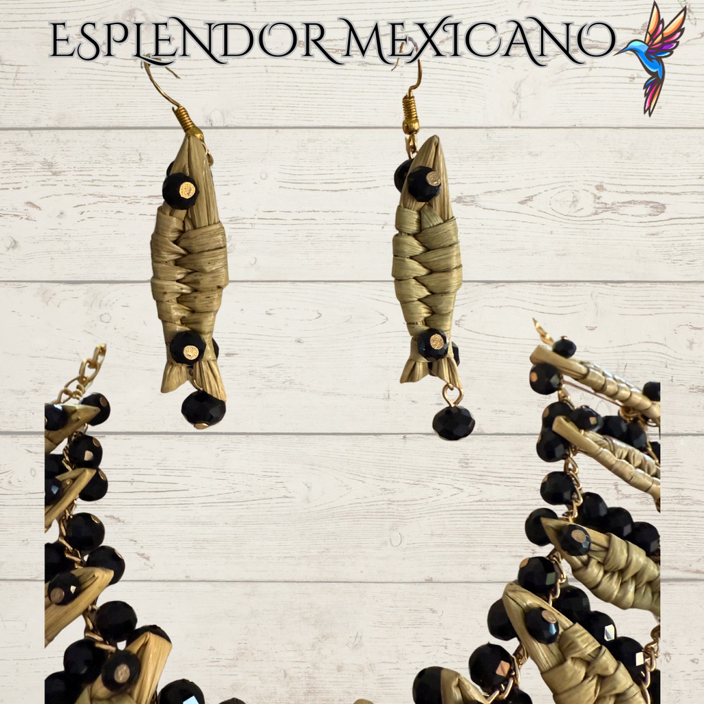 Mexican Artisanal Palm Fish Necklace Jewelry Set with Glass Beads