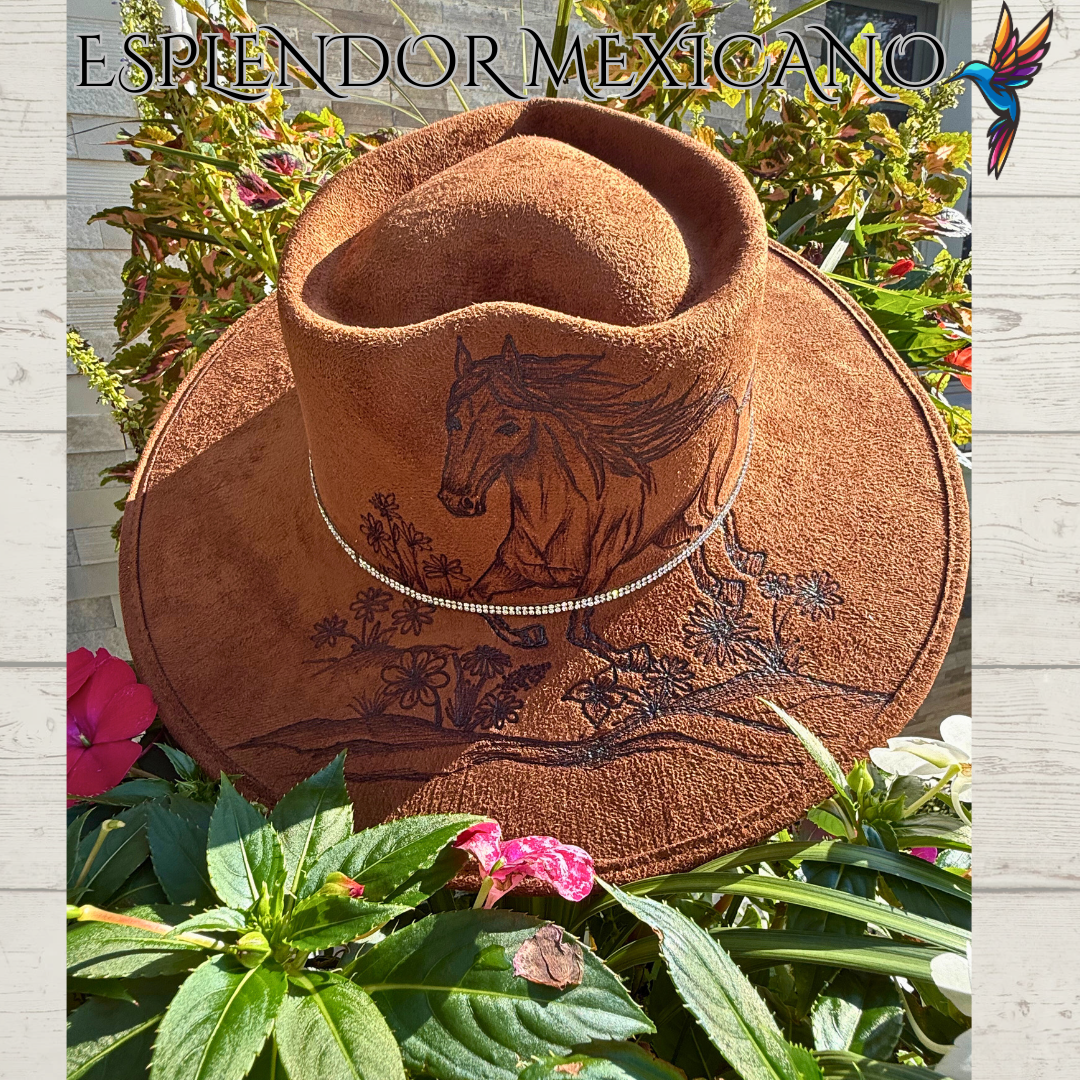 🤎 Hand-Burned Horse & Mountain Cowgirl Hat – Suede Heart Shape