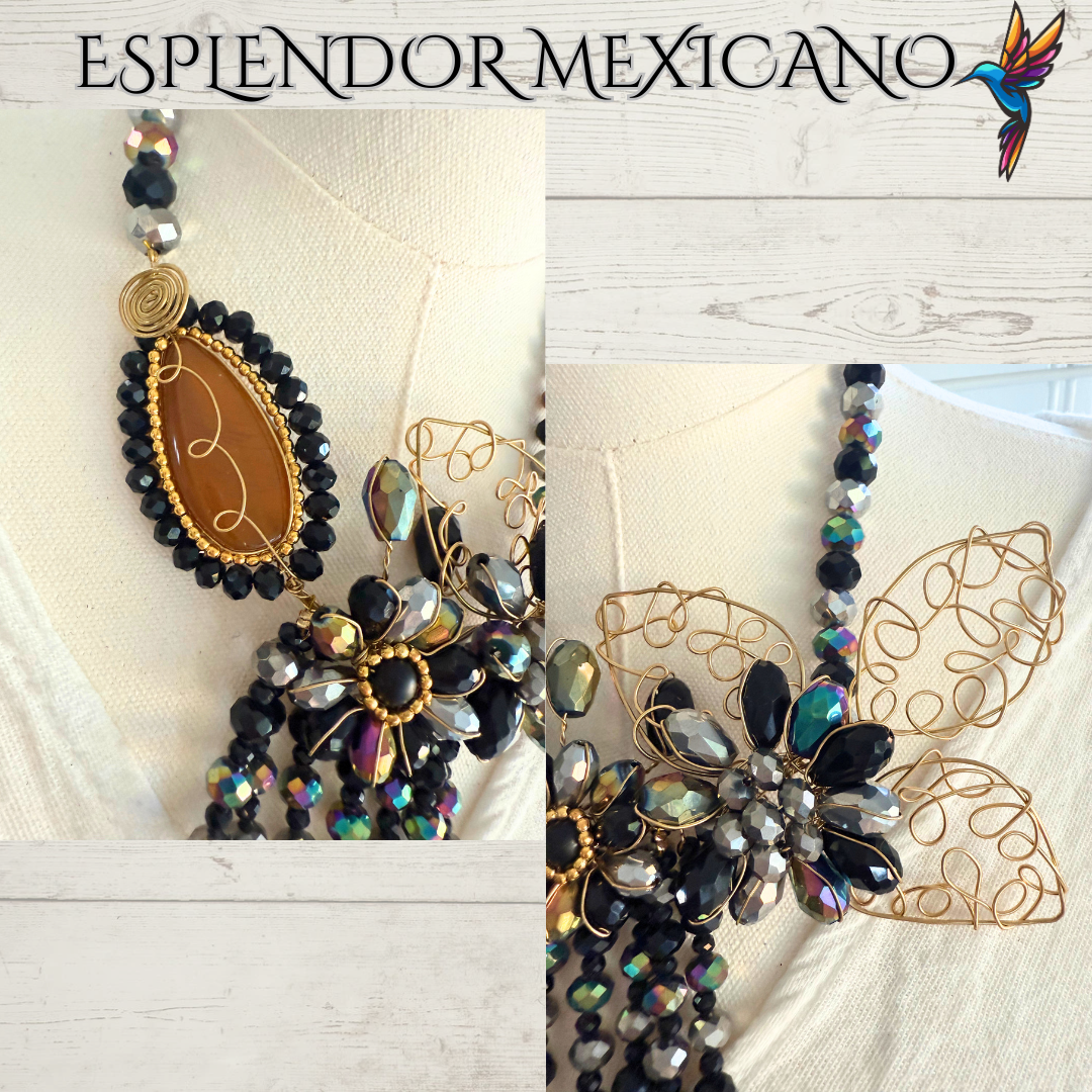 🖤💛 Handmade Floral Cascade Necklace Set