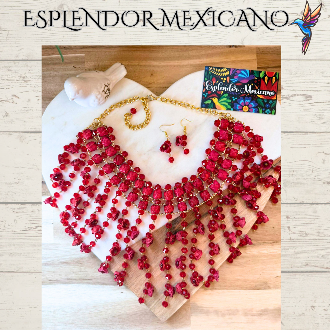 ❤️ Cascada Roja Statement Necklace Set – Hand-Painted Palm & Beads