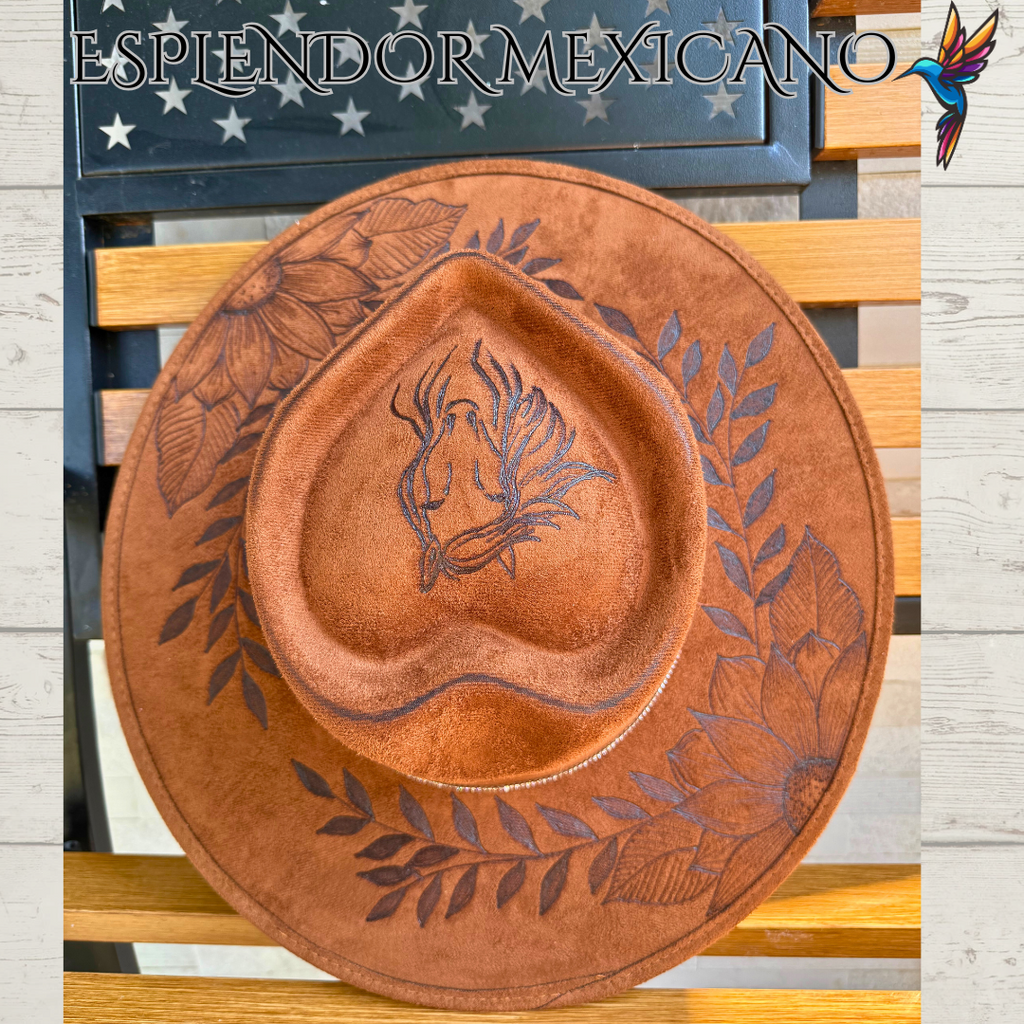 🤎 Hand-Burned Cowgirl Hat – Horse & Floral Design
