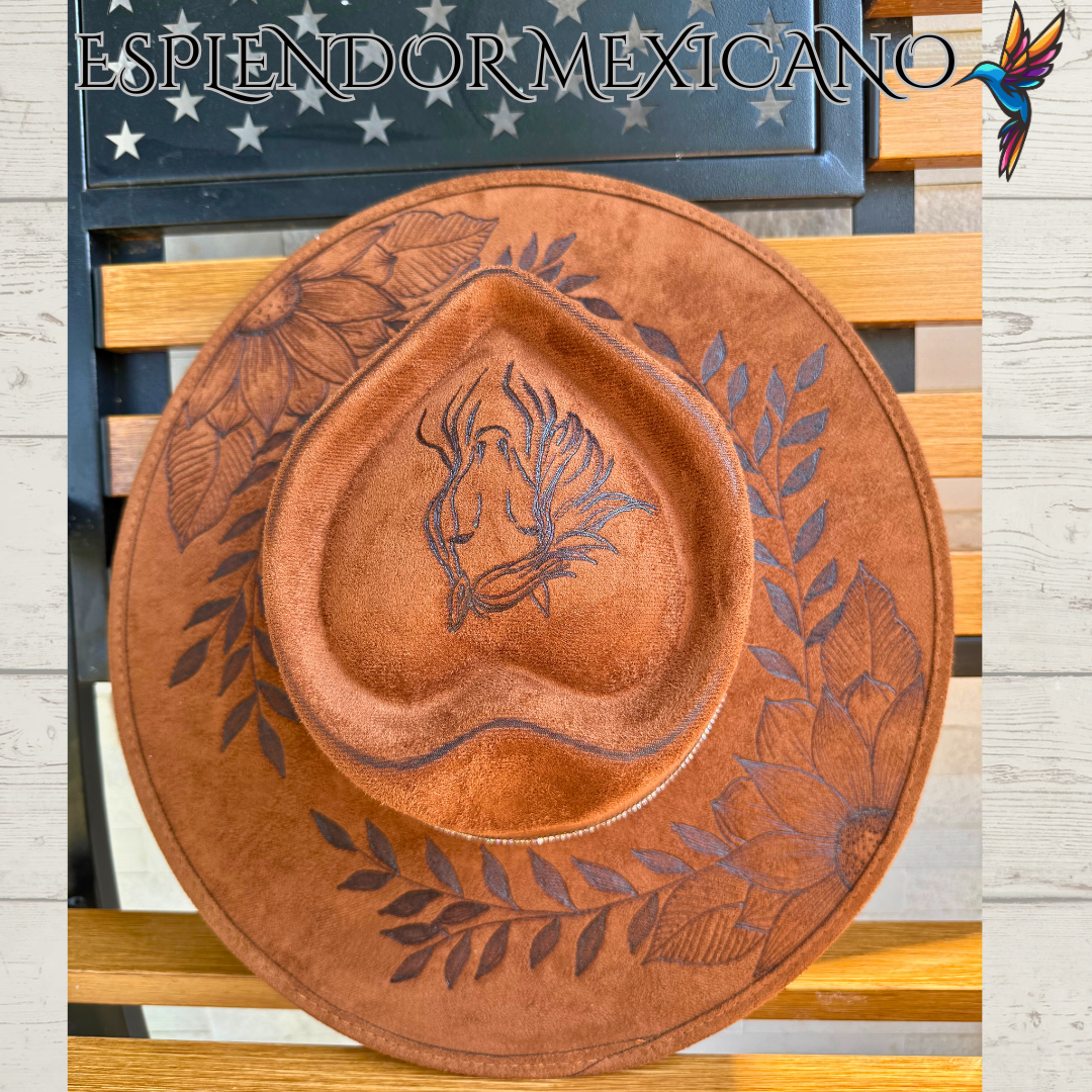 🤎 Hand-Burned Cowgirl Hat – Horse & Floral Design