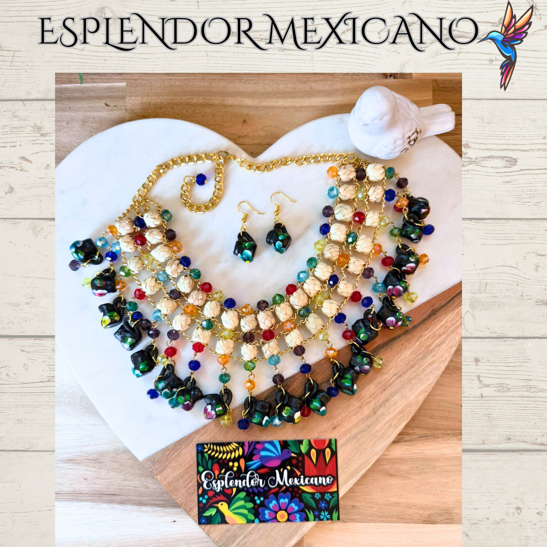🌈 Colorful Jarritos Statement Necklace Set – Palm, Talavera Clay & Beads