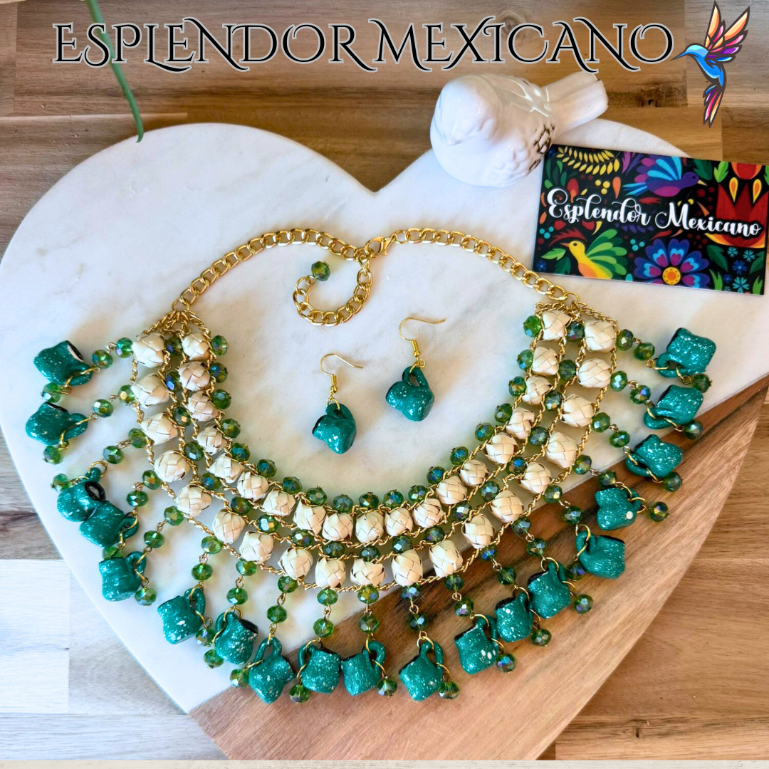 💚 Fiesta Dreams Statement Necklace Set – Talavera Clay Platitos, Palm & Beads