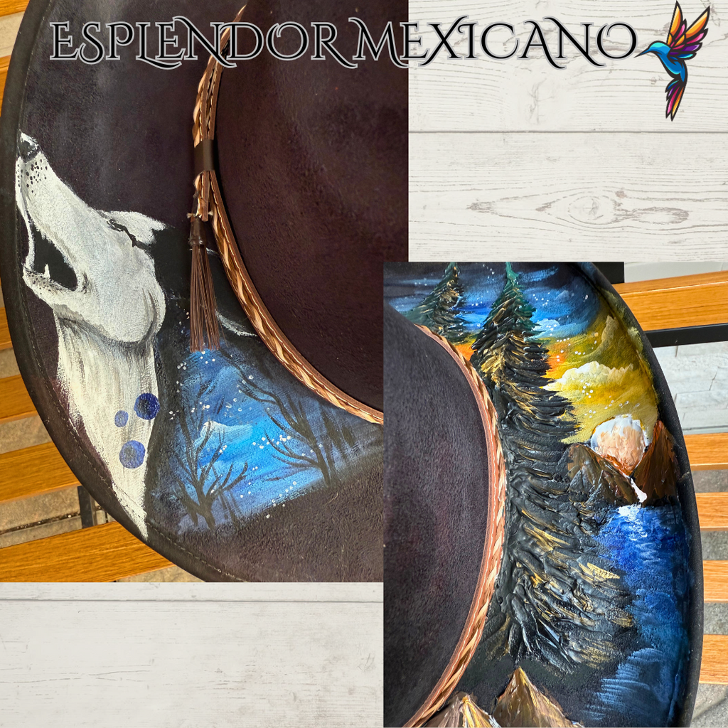 🖤 Western Suede Cowgirl Hat – Hand-Painted Wolf & Mountain Scene